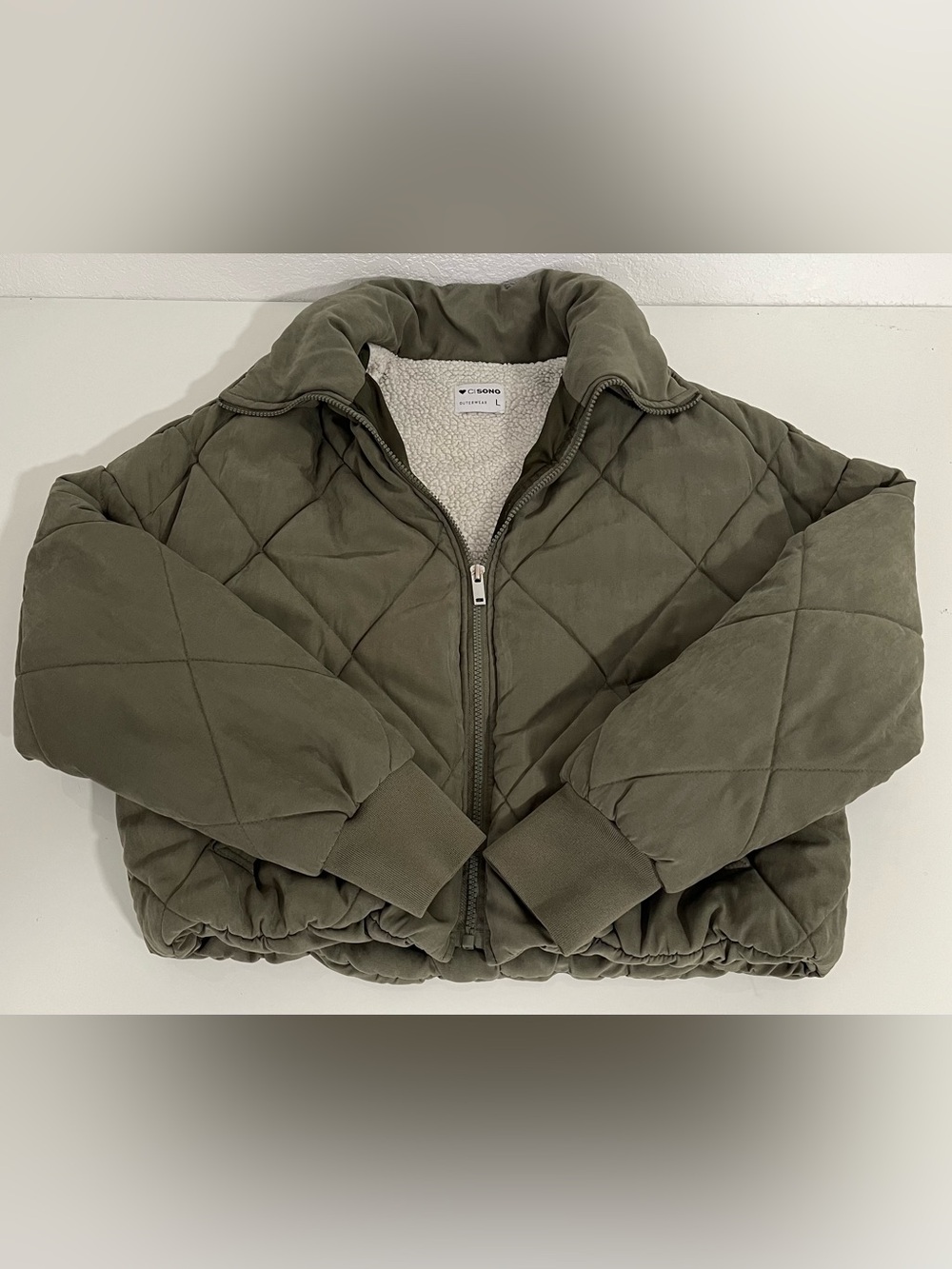 Cisono XL Olive Green Cropped Puffer Jacket Quilted Diamond Sherpa Lined Y2K - Picture 8 of 8